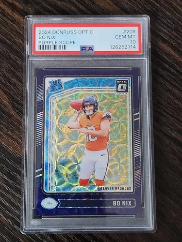2024 Panini Donruss Optic Bo Nix Purple Scope Prizm RC Rated Rookie #209 PSA 10