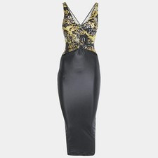 Versace Jeans Couture Black Printed Jersey Cut Out Midi Dress XS