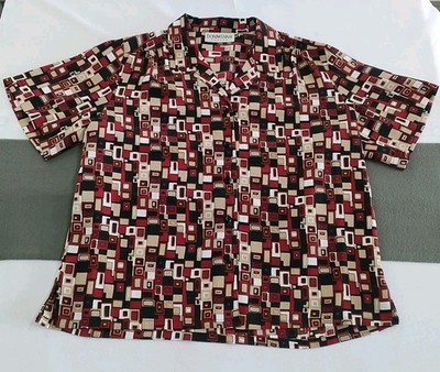 Donnkenny Blouse Womens Petite M Red Geometric Button Up Top 