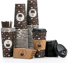Disposable Coffee Cups with Lids, Sleeves and Straws - 20oz 50 Pack Paper Cu...