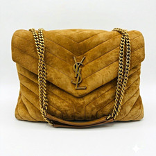 Saint Laurent Brown Chevron Quilted Gold Chain YSL Logo Shoulder Bag