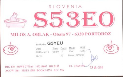 Amateurfunk QSL/QSO S53EO G3YEU Portoroz Slowenien 2016 Katze Badewanne CW 40m