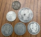 Lot 6 coins 1893 Barber half 1908O 1914P 1915D 90% silver wheat penny Nickel
