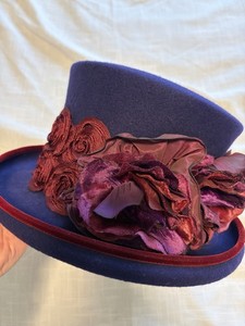 Vtg 80's Eric Javits NY Purple Wool Mad Hatter Hat~Womens~ Burgundy Flowers USA