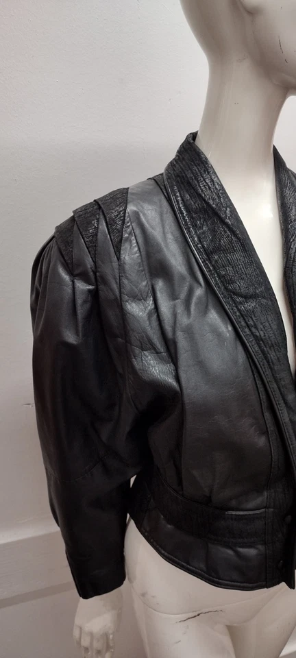 Black Motorcycle Leather Short Jacket New Wave Avante-Garde 1980s Bombshell S/M - Image 4 of 4