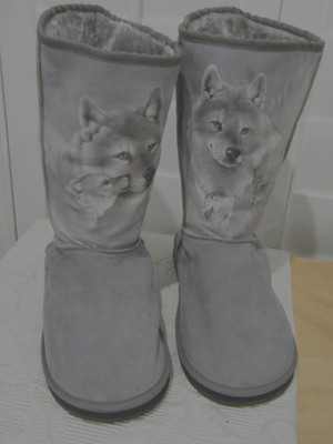 GREY SUEDE short slip on's BOOTS (WOLF HEAD print) sz 8 by BRADFORD EXCHANGE