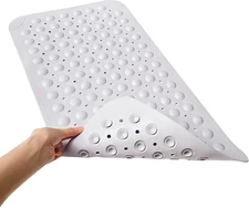 Non Slip Shower Bath Mat for Tub 15x27.5 In Suction Cups Drain Holes Light Gray