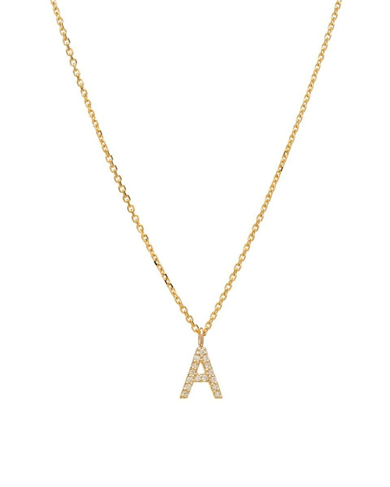 14K YELLOW GOLD DIAMOND INITIAL NECKLACE, DIAMOND LETTER NECKLACE, LETTER A