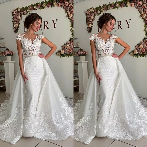 V-Neck Mermaid Wedding Dresses with Detachable Train Lace Appliques Bridal Gowns - Picture 2 of 10