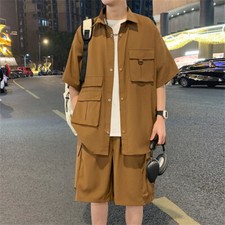 Men Summer Outfit 2-Piece Set Short Sleeve Shirt and Shorts Sweatsuit Set