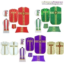 Set of 5 Red, white,Gold,Green,Violet Chasuble Fiddleback Vestment & mass set