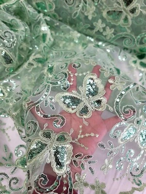 DIVASTYLETEXTILES Butterfly Design Lace Sage Embroidered Sequins Fabric Sold By Yard Quinceañera
