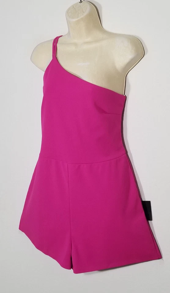 Lulus Women Size XL Hot Pink Romper One Shoulder Double Straps Stretch Lined NEW - Image 2 of 4