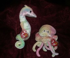 2 LOT BEANIE BABIES - GOOCHY  NEON - JELLY FISH  SEAHORSE - MWMT - PROTECTED