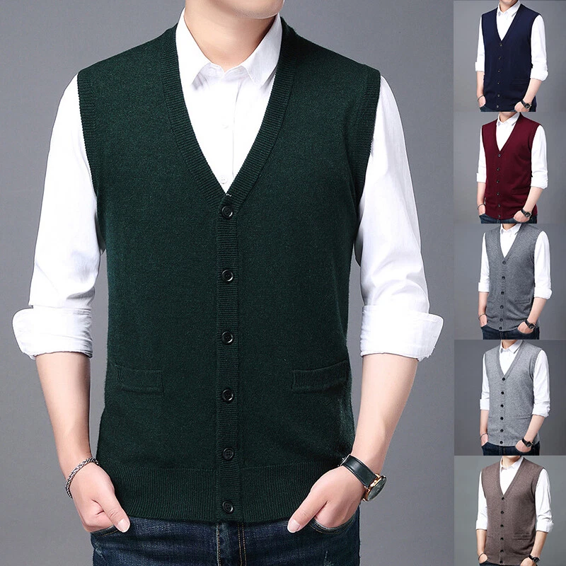 Mens Sweater Vest Cashmere V Neck Sleeveless Button Cardigan Sweat Top Plus Size