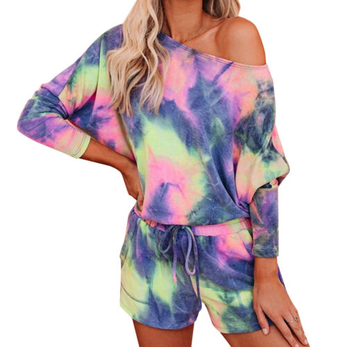 Tie Dye Tracksuit Womens Lounge Wear Sweatshirt Top + Shorts Pants Pyjamas Sets - Picture 5 of 16