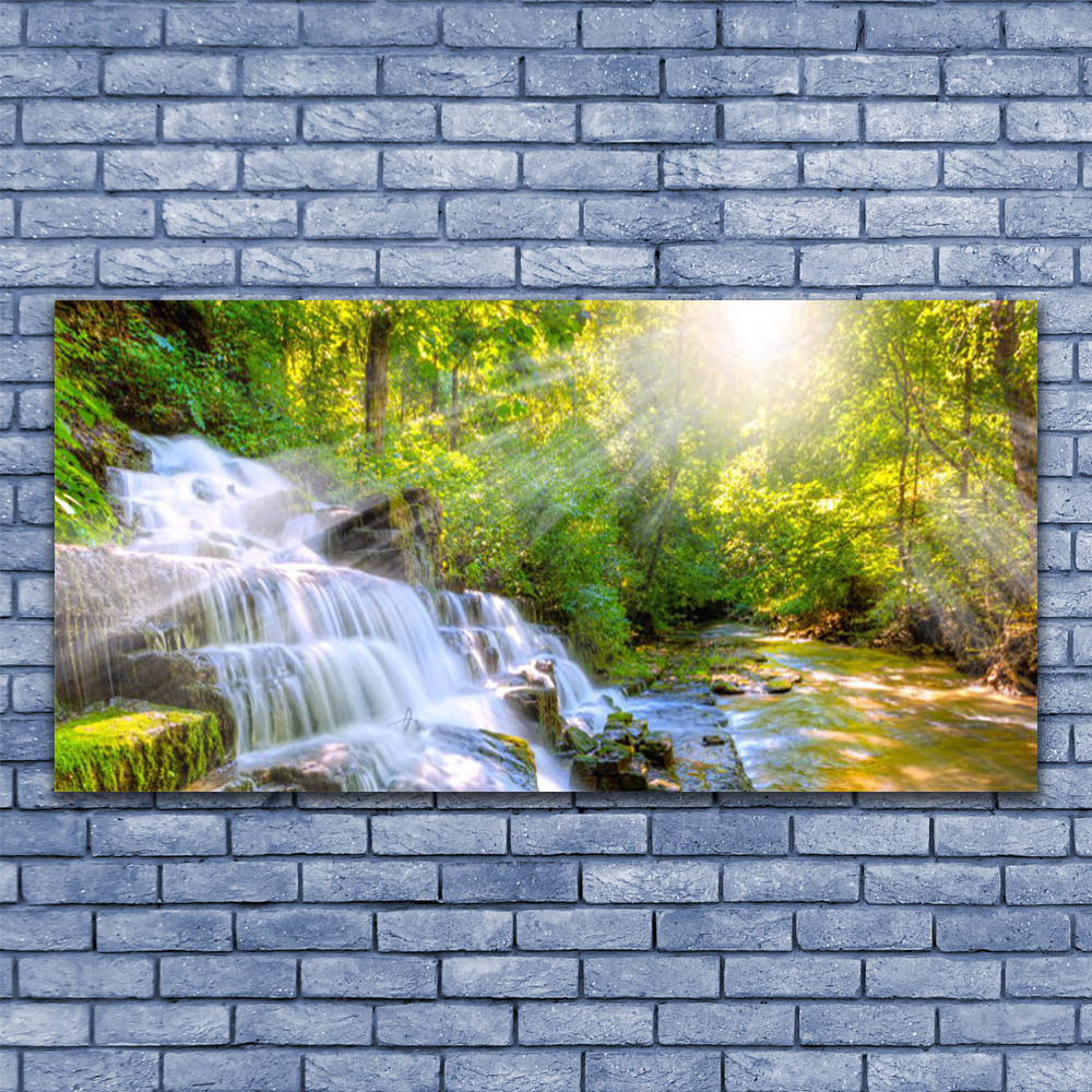 Tableau en verre 140x70 cm forêt et cascade édition prestige pour intérieur design