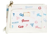 NEW GUESS Women's White Pink Blue Logo Print Front Pocket Phone Wallet Wristlet