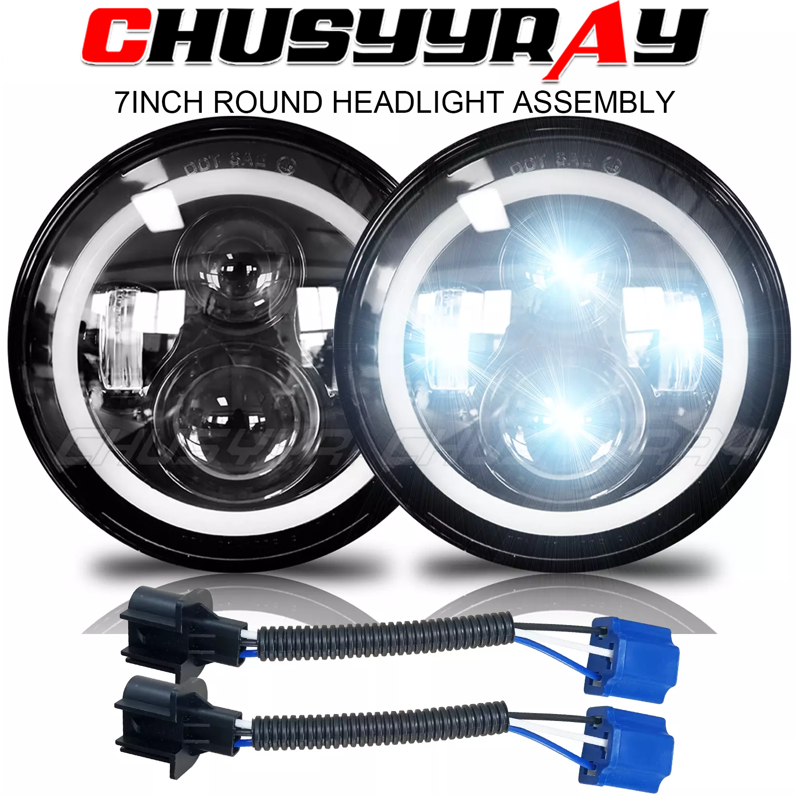 Pair Fit 1965 -1973 Ford Mustang 7 Inch Round Led Headlights Hi/Lo Beam 6K