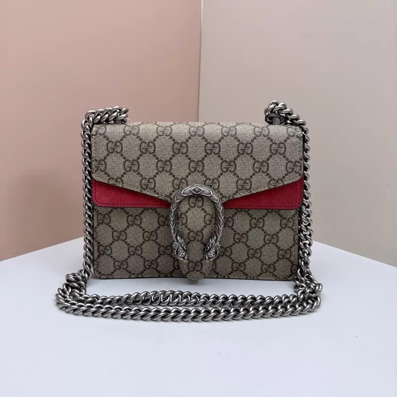 Gucci Dionysus Small GG Supreme Chain Bag Beige Canvas Red Suede