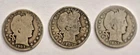 3 - Barber Half Dollars $1.50 Face Value FV No Duplicates  1907 P D O Mint Marks