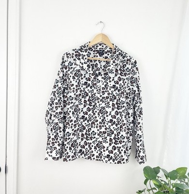 Talbots XL White Brown Cheetah Long Sleeve Popover Blouse Women s XL