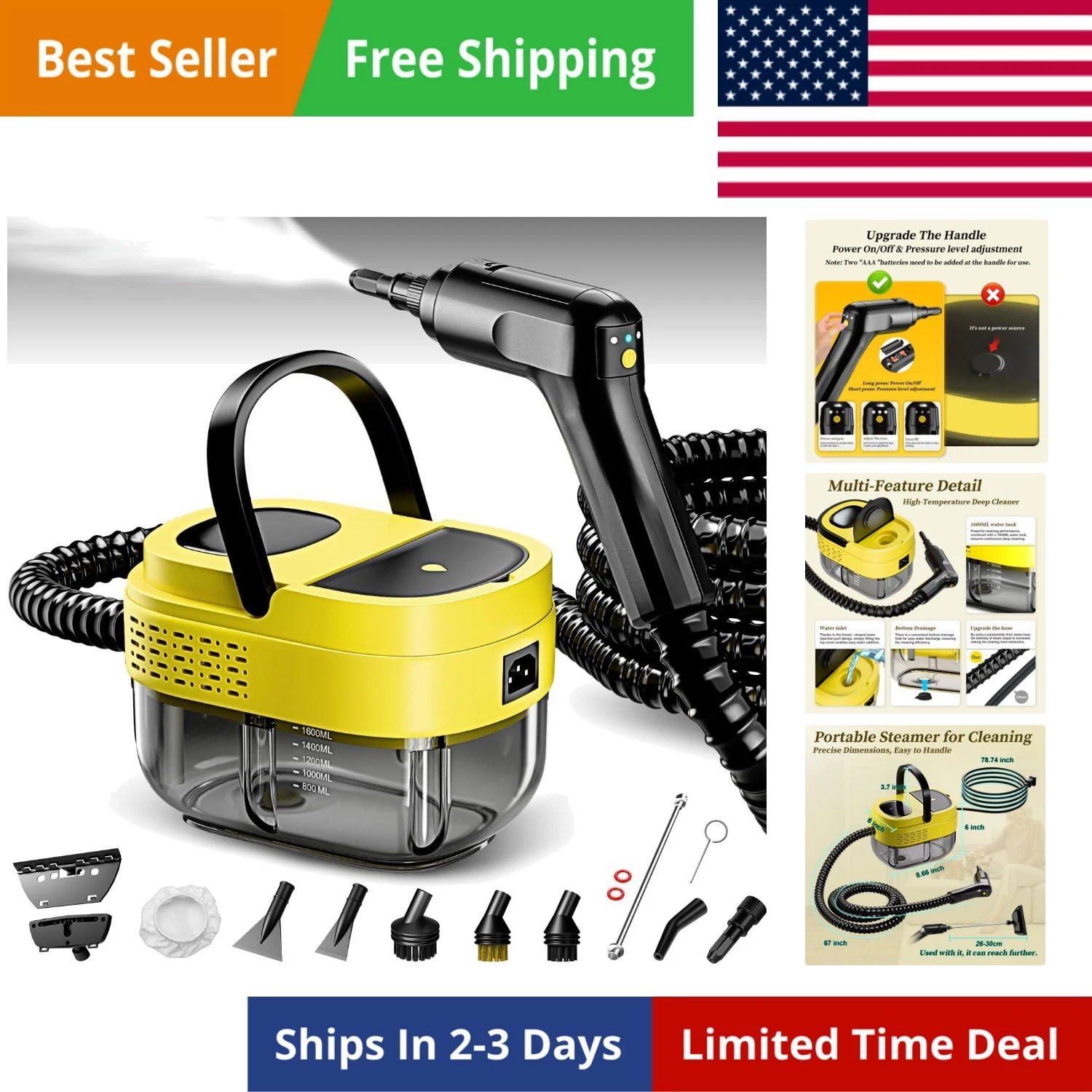 Steam Cleaner,15s Heat-Up,1.6L Tank,3-Level Adjustable Handle,2500W Steamer f...