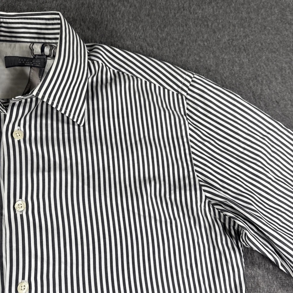 Camisa social masculina ZARA média cinza listra branca botão para cima 100% algodão - Imagem 4 de 4