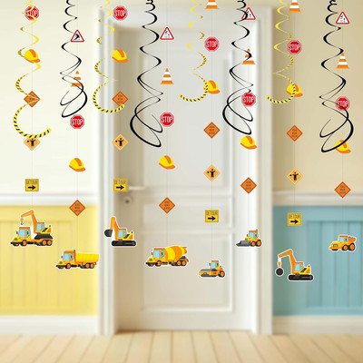 16Pcs Construction Theme Party Hanging Decorations   Swirl Set with Trucks, Traf