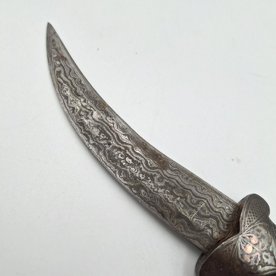 Vintage Indo Persian Khanjar Camel Head Silver Koftgari Damascus Dagger Knife - Image 3 of 4