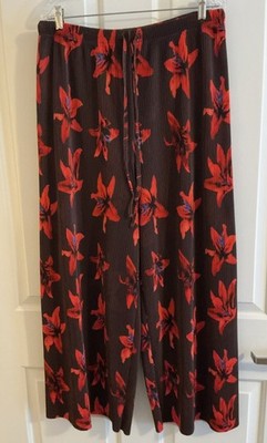 The CHIC Hero Baggy Drawstring Ribbed Pants Brown/Floral Plus One Size Wide Leg