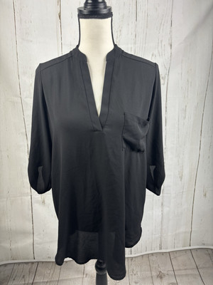 Lush Women s Classic Blouse Tunic V-neck Black Roll Tab Sleeve Sz S