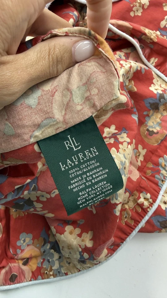 Falda de cama LRL Ralph Lauren floral con volantes y almohada roja falsa 100 % algodón Foto 2 de 3