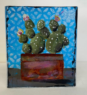 #ad Mary Myers Original Art Block Flowering Cactus Reclaimed Wood $65.00