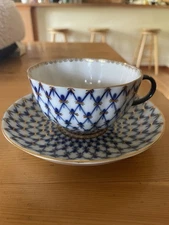 Vintage Lomonosov Imperial Porcelain Tea Cup & Saucer, Cobalt Net - Made in USSR