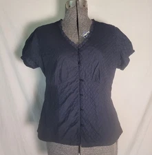 Vintage 90s Y2K Black Short Sleeve Button Up Blouse Top Elementz Large Goth