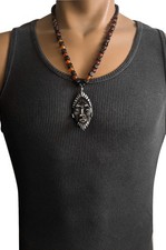 African Mask Pendant Necklace for Men Statement Beaded Handmade Artisan 24"