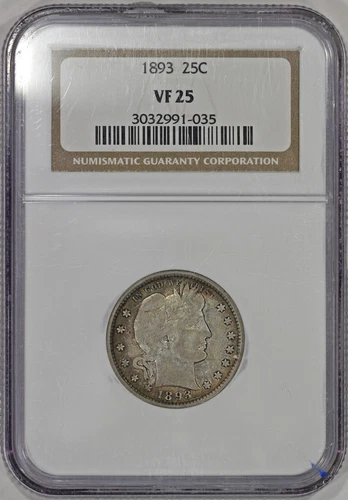 1893 25c Silver Barber Quarter NGC VF25 Nice Coin Light Toning