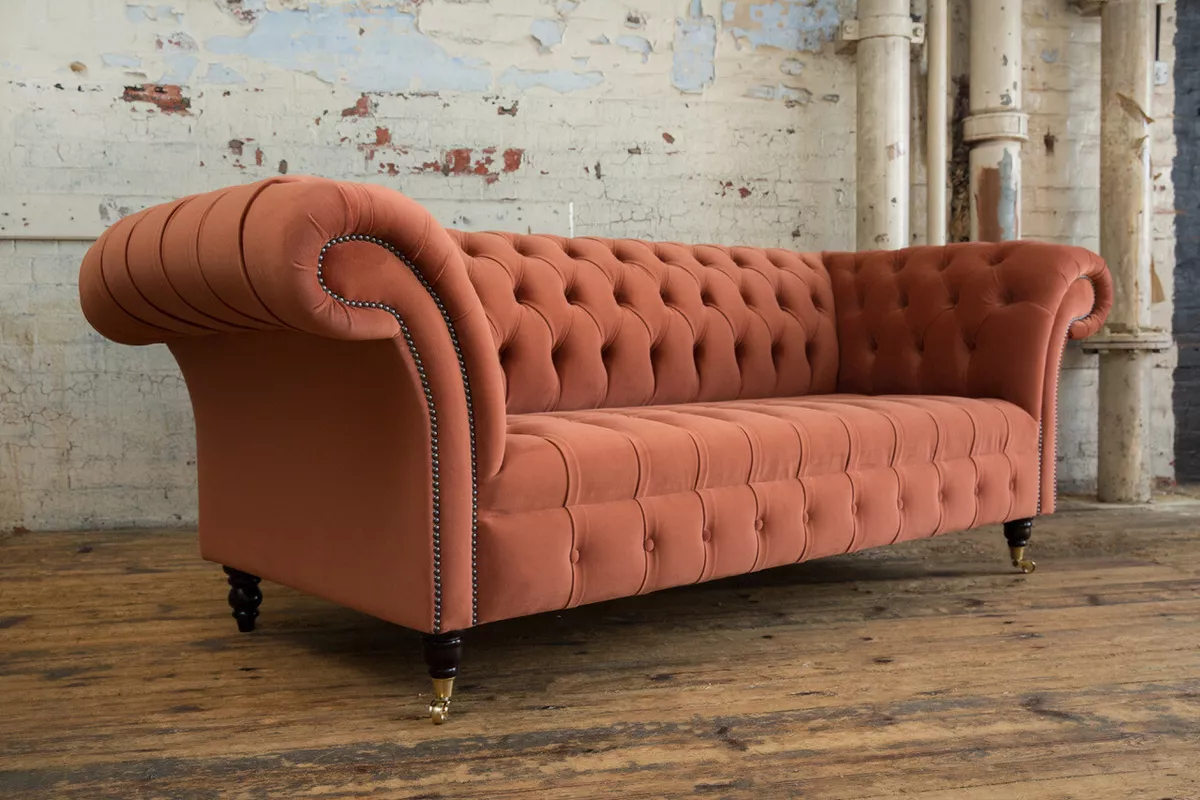 HANDMADE 3 SEATER SOFT BURNT ORANGE TERACOTTA VELVET CHESTERFIELD SOFA SETTEE