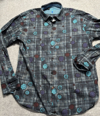 Luchiano Visconti Mens Shirt Large Black Plaid Circles Long Sleeve Soft Cotton
