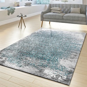 Détails Sur Tapis Créateur Salon Poils Ras Décoration Florale Motif Gris Bleu