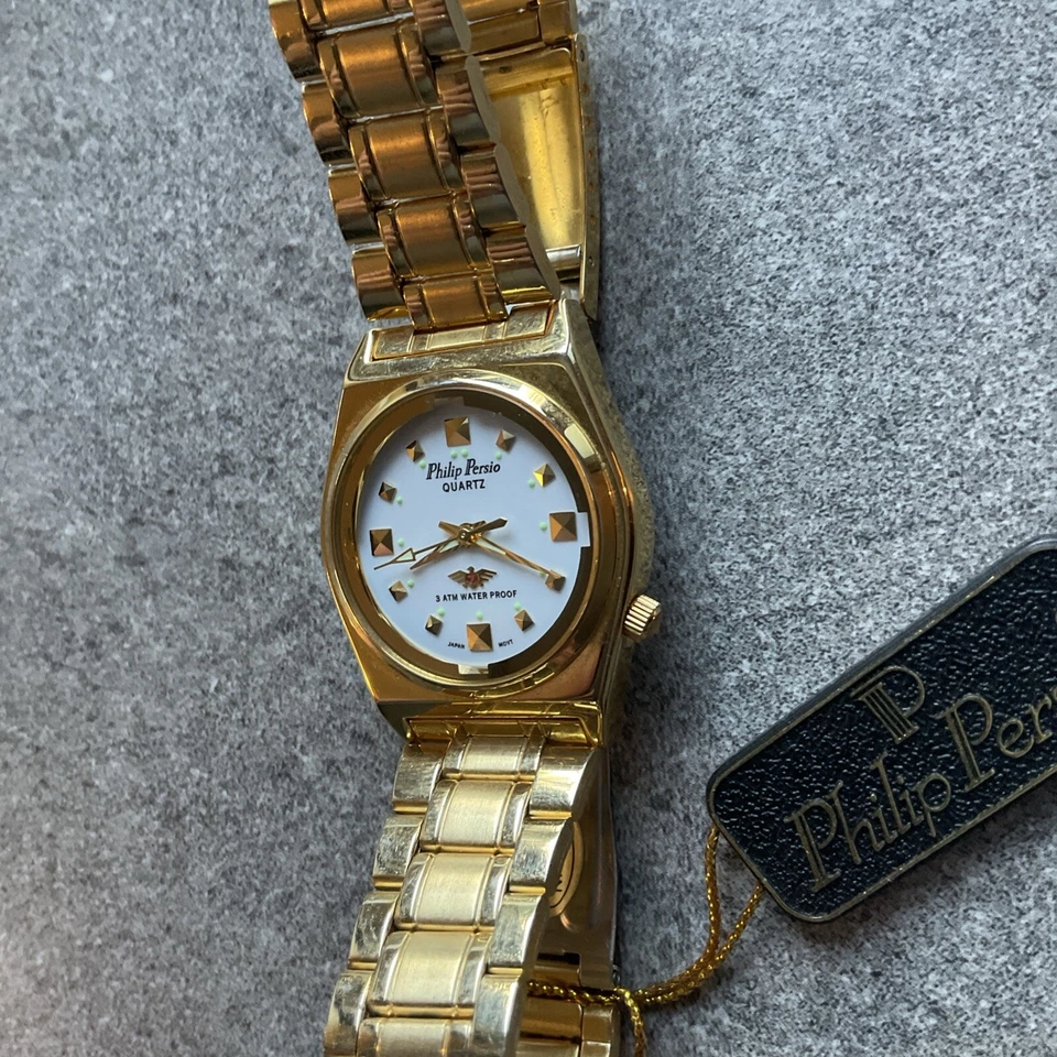 Vintage Philip Persio Watch 33mm Gold Tone Case And Band White Dial NWT No Box H - Image 3 of 4
