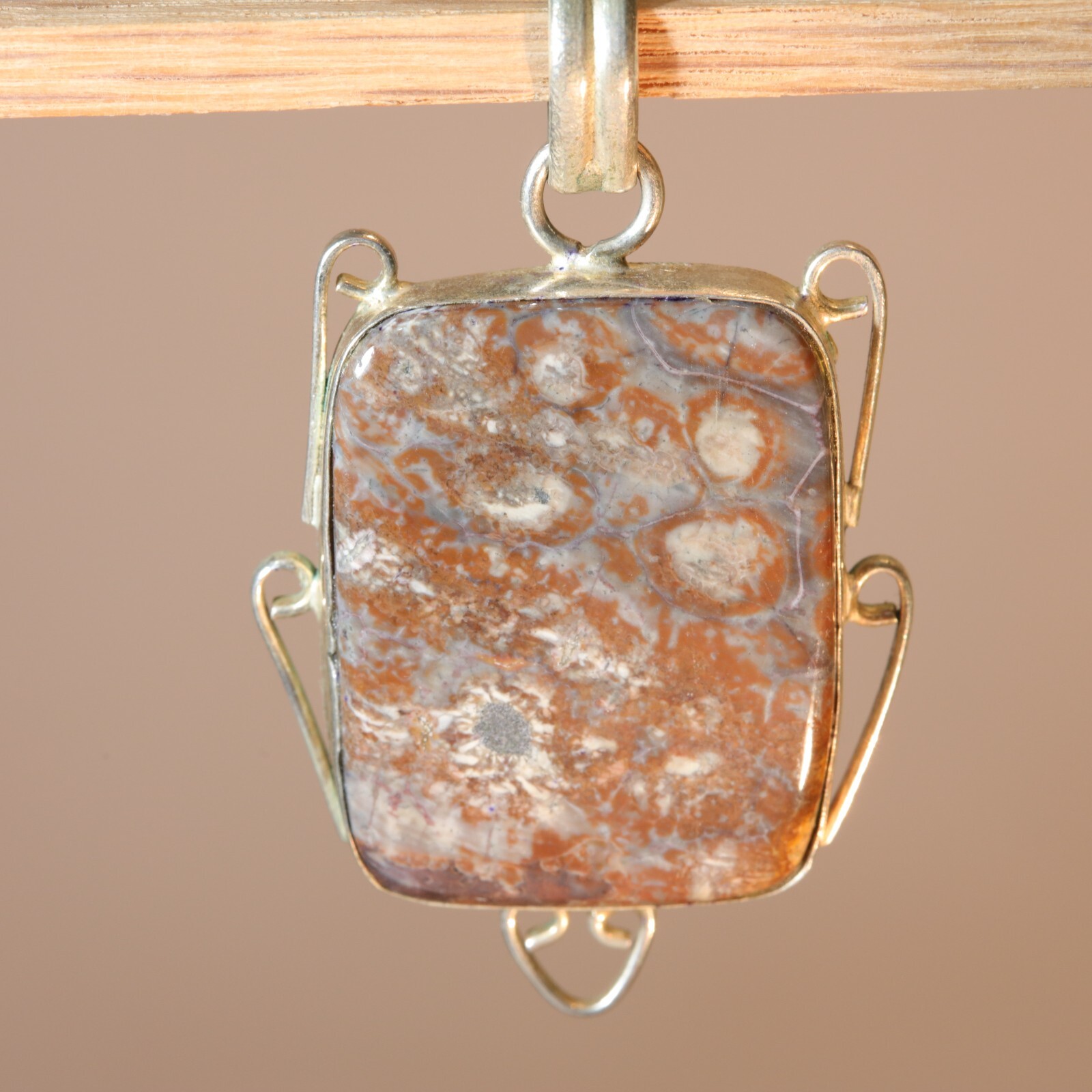 Vintage rectangular Leopard Jasper PENDANT set in… - image 2
