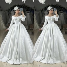 Elegant Wedding Dresses Satin Off Shoulder Long Sleeve Sweep Train Bridal Gown