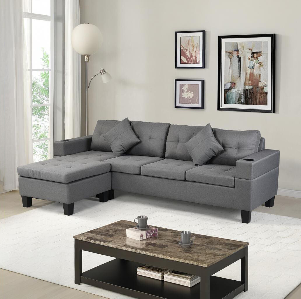 Modern L-Shape Sectional Sofa Set with Chaise Lounge, Cup Holder, and Left-Facing Design for Living Room