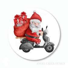 Cute Christmas Santa on Moped Scrapbook Stickers Round Envelope Seals Labels