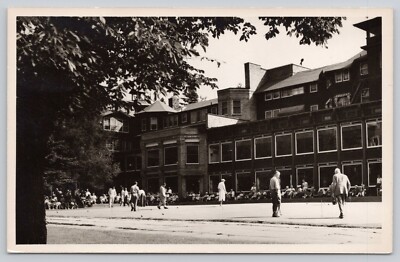 Postcard RPPC Lawn Game Outside Large Building with Crowd Kodak c1950s