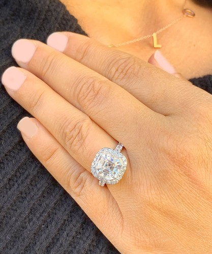 Anello di fidanzamento oro bianco 18 kt taglio Asscher lunetta diamante 3,00 ctw H-VS2 EGL USA - Foto 3 di 10