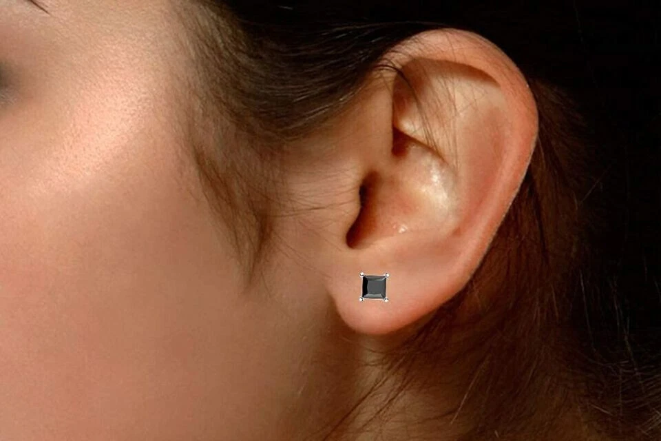 Aretes de diamantes negros para hombre corte princesa oro macizo 14K Foto 3 de 3