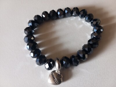Fiorelli Dark Blue Black Bead Heart Charm Elasticated Bracelet Costume Jewellery
